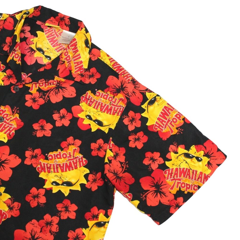 Hawaiian Tropic Large Black Red 100% Polyester Hawaiian Aloha Camp Tiki Shirt - Picture 7 of 7